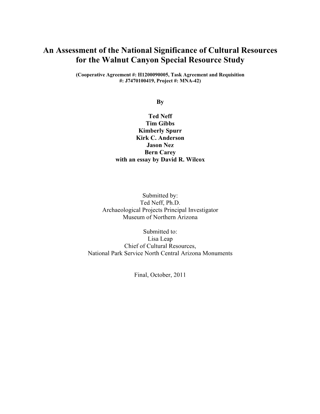 An Assessment of the National Significance of Cultural Resources for the Walnut Canyon Special Resource Study