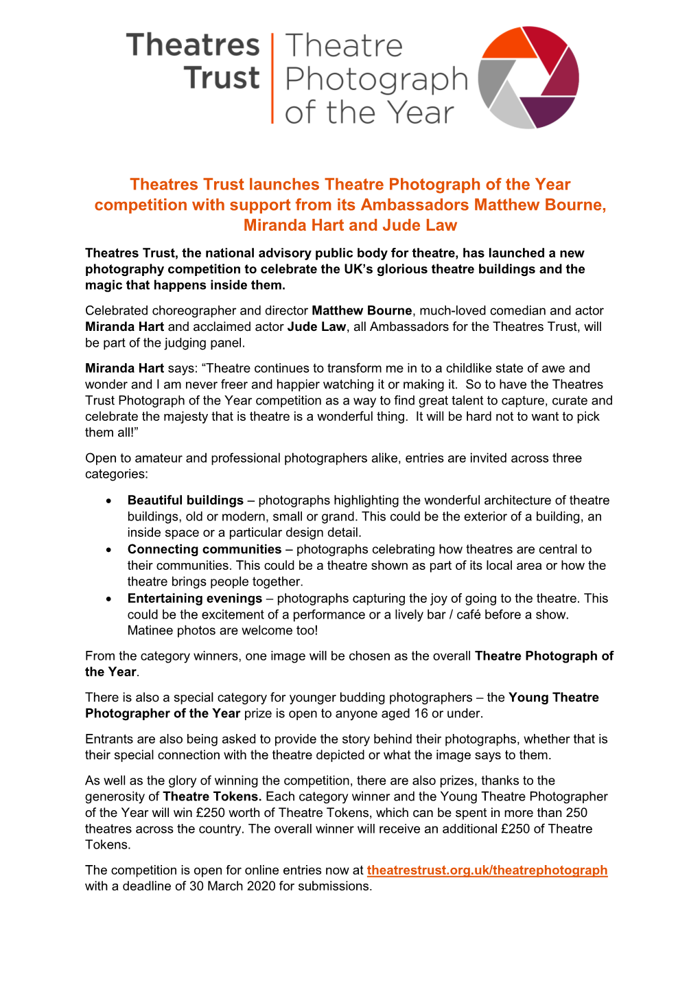 Theatres Trust Launches Theatre Photograph of the Year Competition