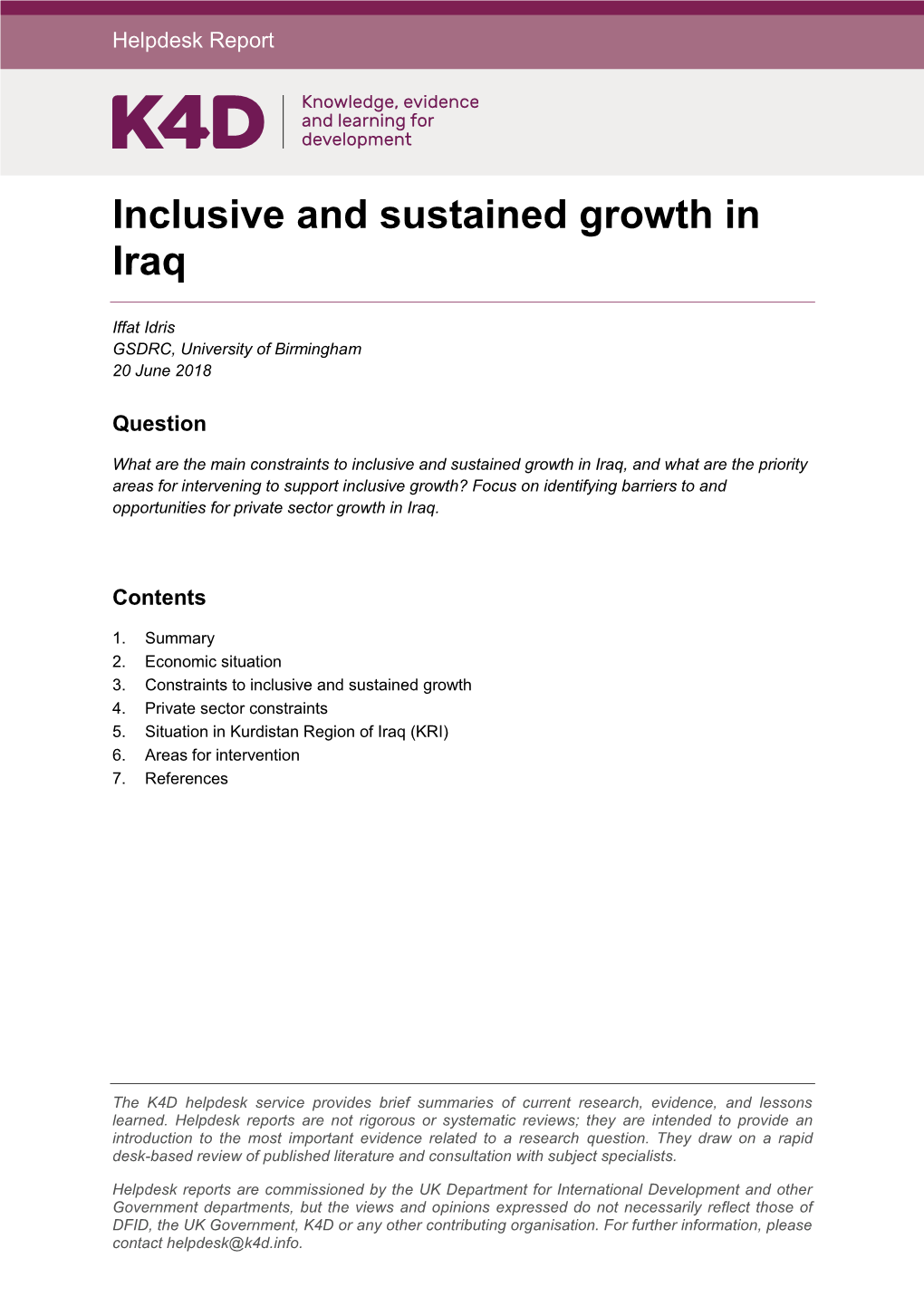 Inclusive and Sustained Growth in Iraq