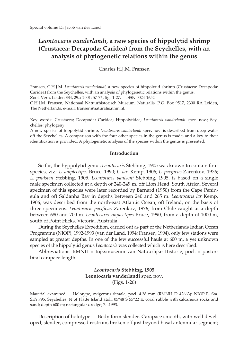 Crustacea: Decapoda: Caridea) from the Seychelles, with an Analysis of Phylogenetic Relations Within the Genus