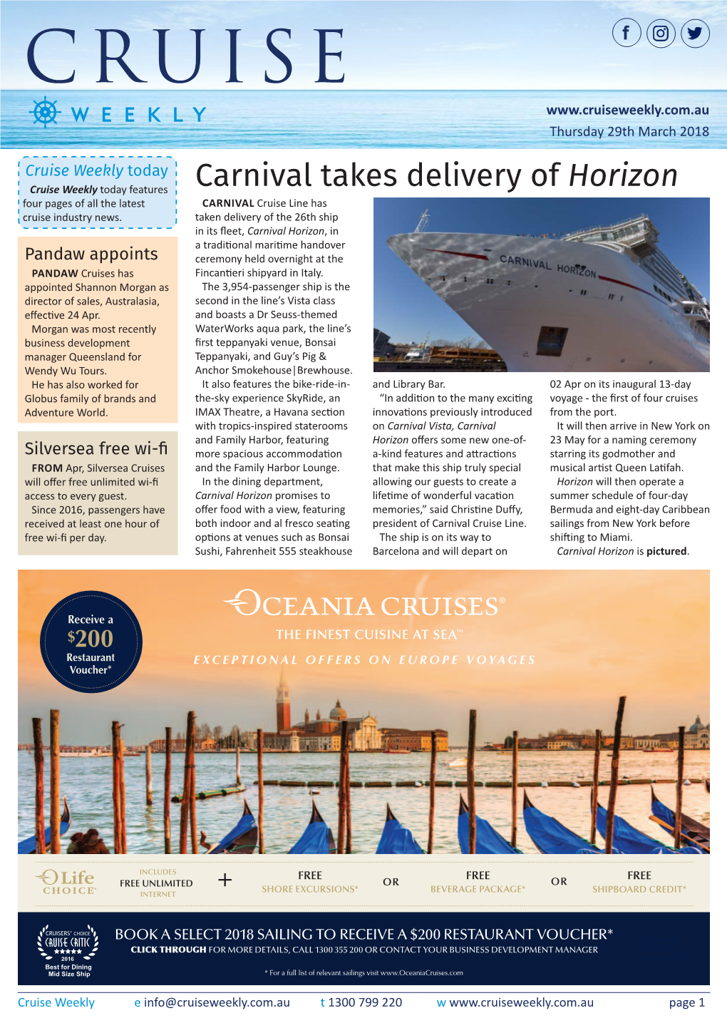 Carnival Takes Delivery of Horizon Four Pages of All the Latest CARNIVAL Cruise Line Has Cruise Industry News