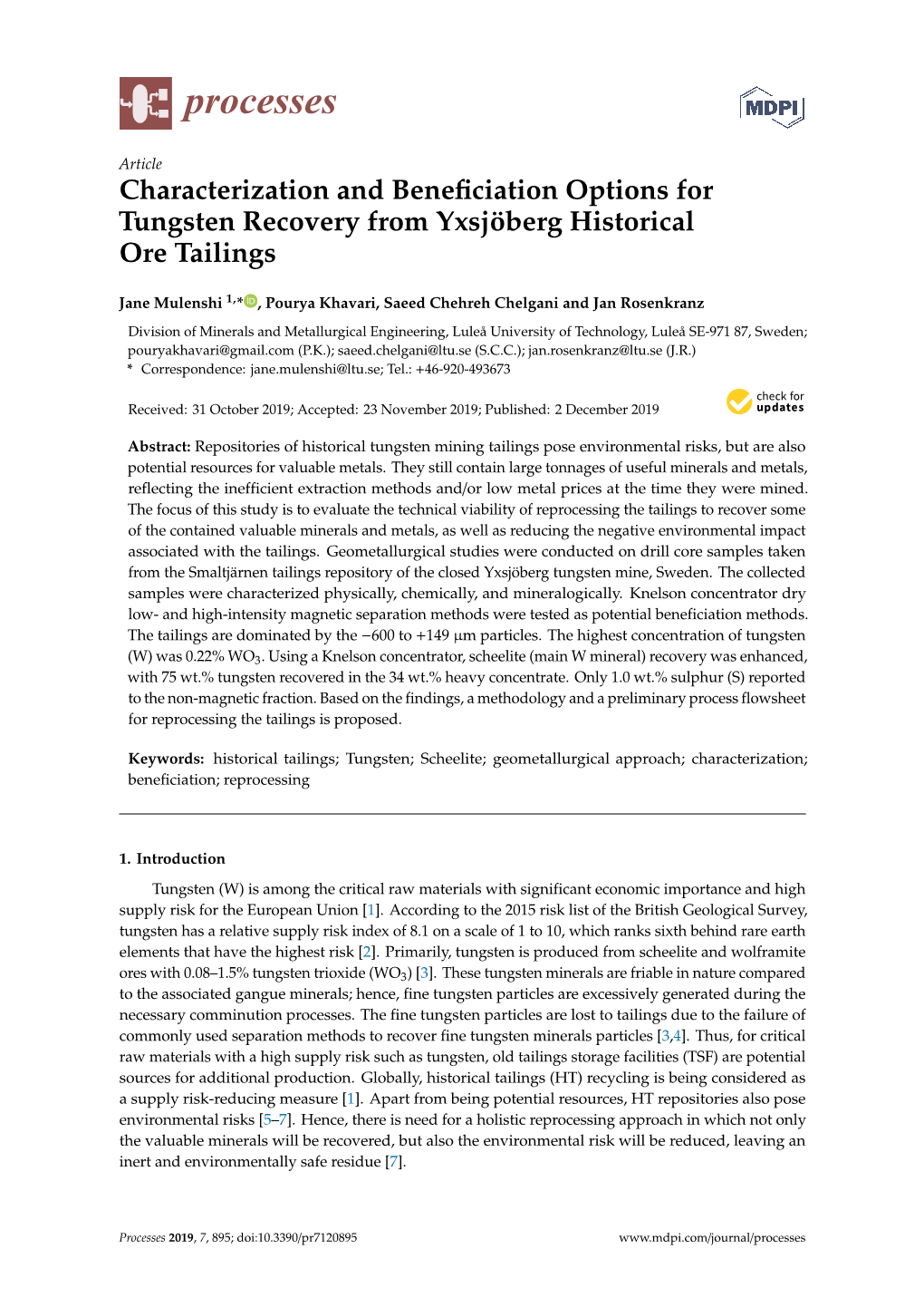 Characterization and Beneficiation Options for Tungsten Recovery from Yxsjöberg Historical Ore Tailings