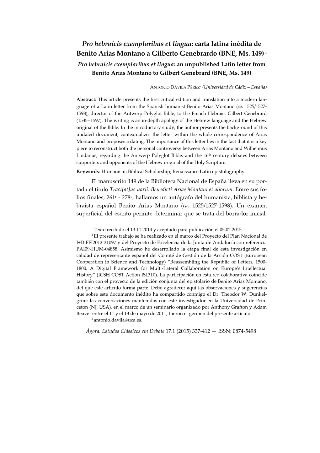 Carta Latina Inédita De Benito Arias Montano a Gilberto Genebrardo (BNE, Ms