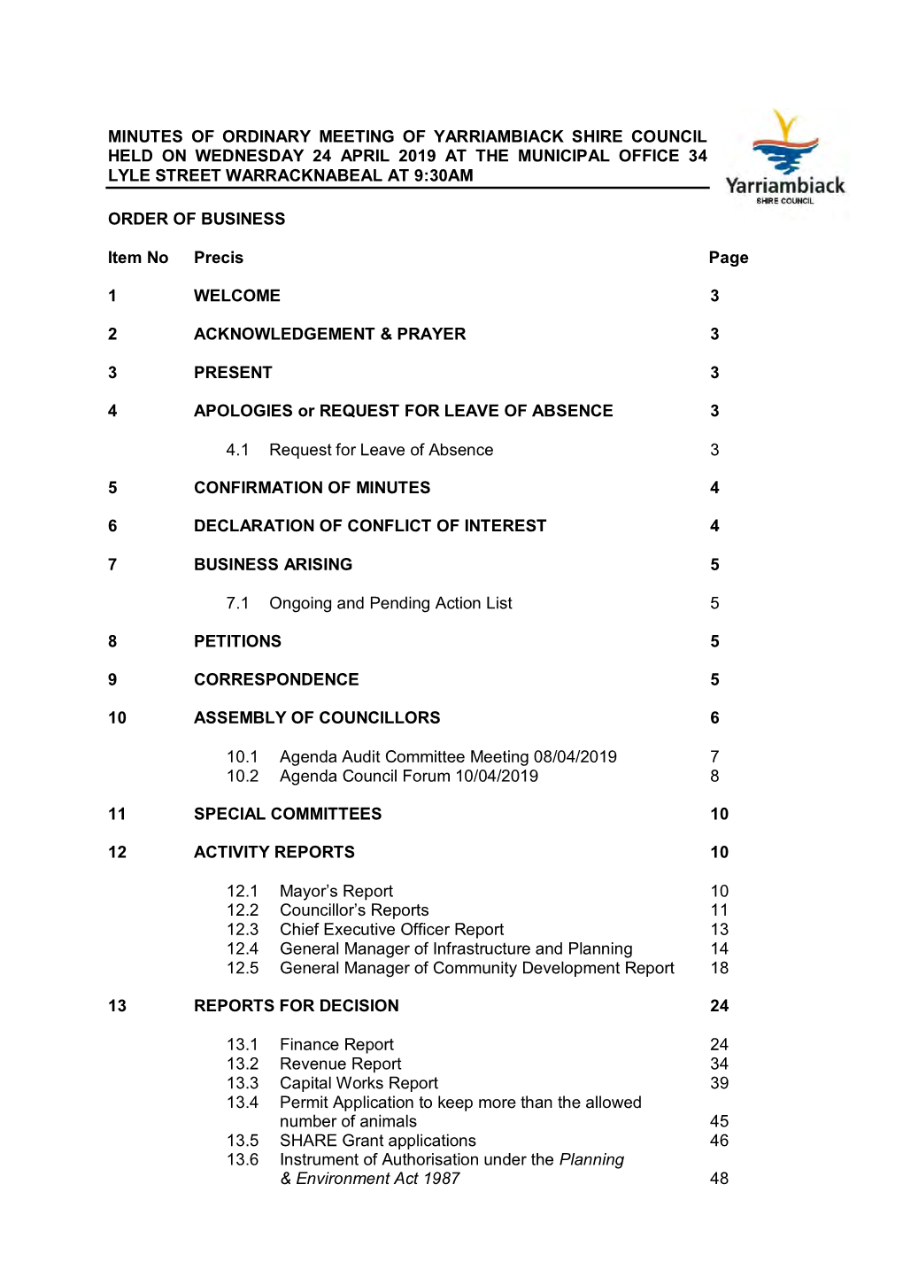 Agenda of the Council Meeting of the Yarriambiack Shire Council Held at 5.00 Pm on Tuesday 16 Amy 1995 in the Municipal Chamber