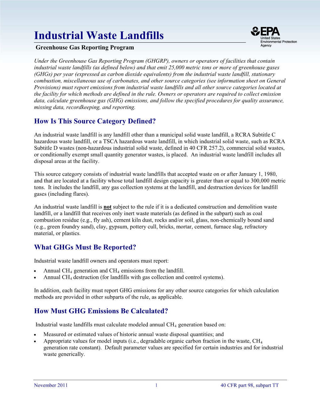 Industrial Waste Landfills Greenhouse Gas Reporting Program