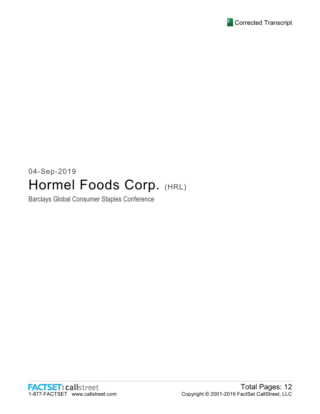 Hormel Foods Corp. (HRL) Barclays Global Consumer Staples Conference
