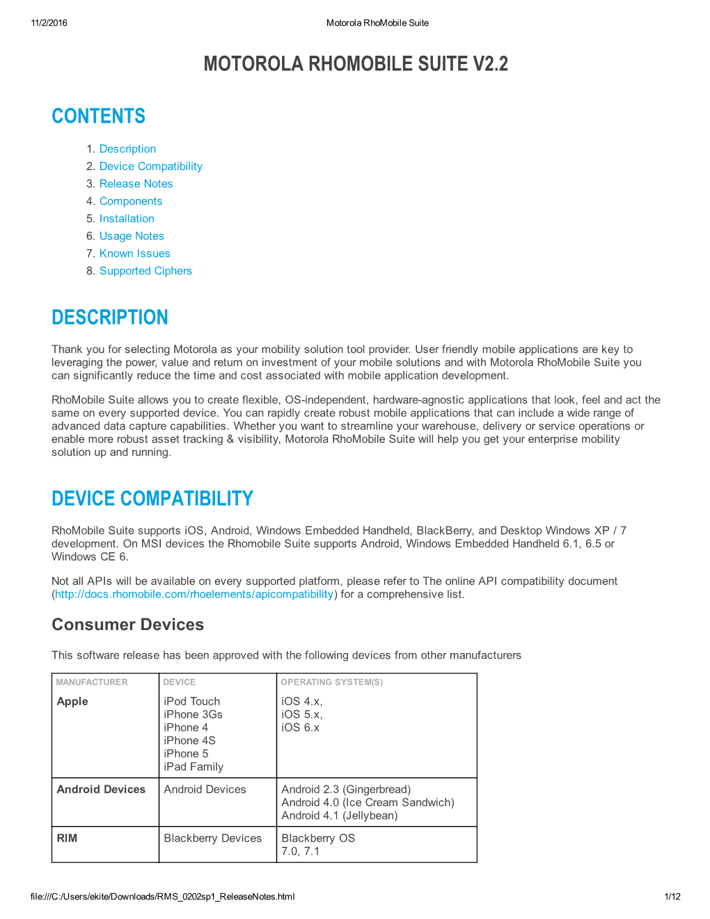 Motorola Rhomobile Suite V2.2 Contents Description Device Compatibility