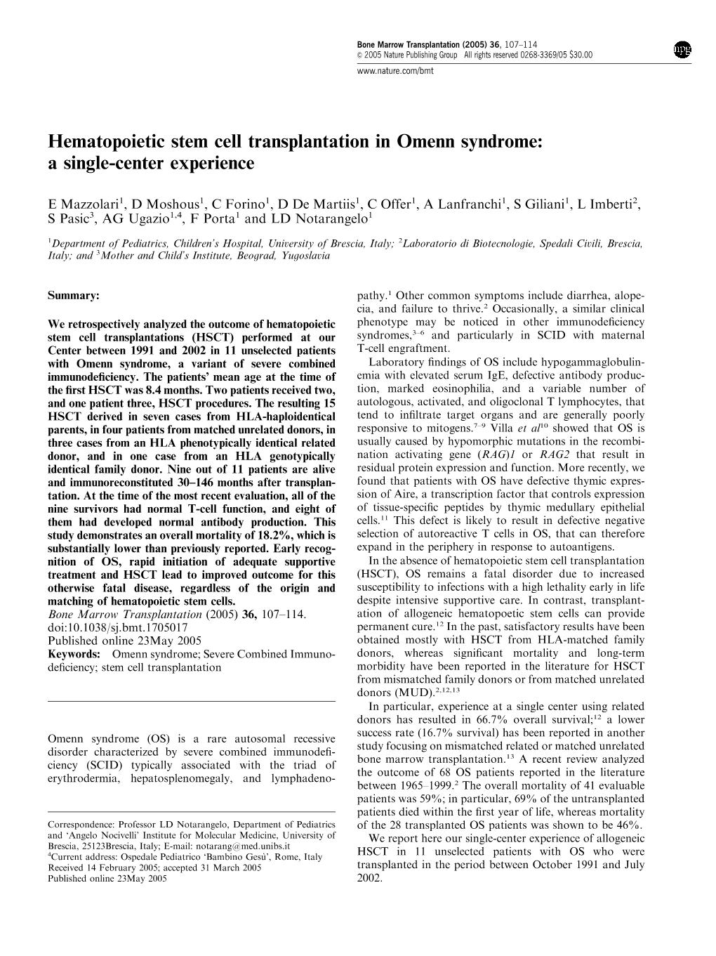 Hematopoietic Stem Cell Transplantation in Omenn Syndrome: a Single-Center Experience