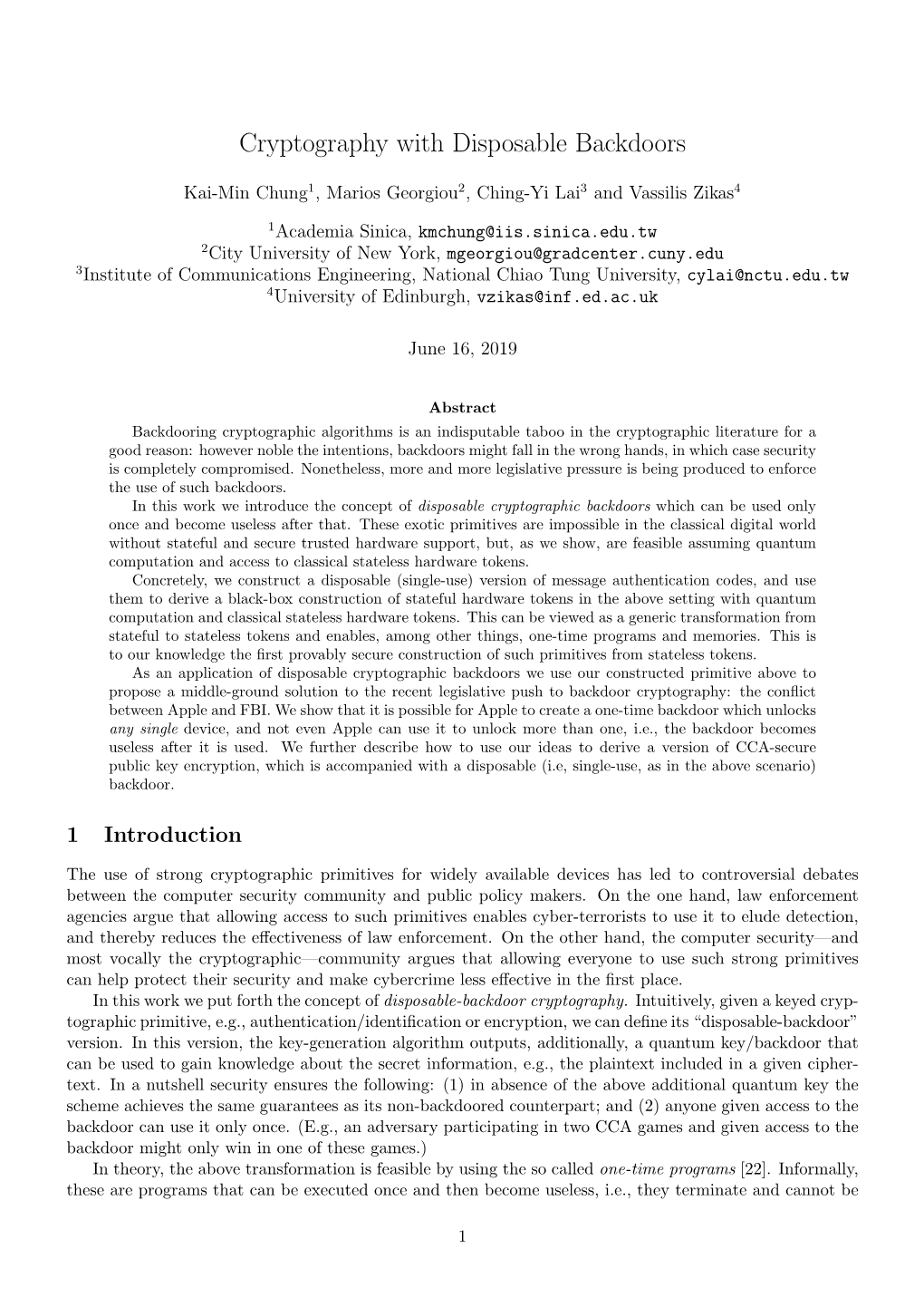 Cryptography with Disposable Backdoors