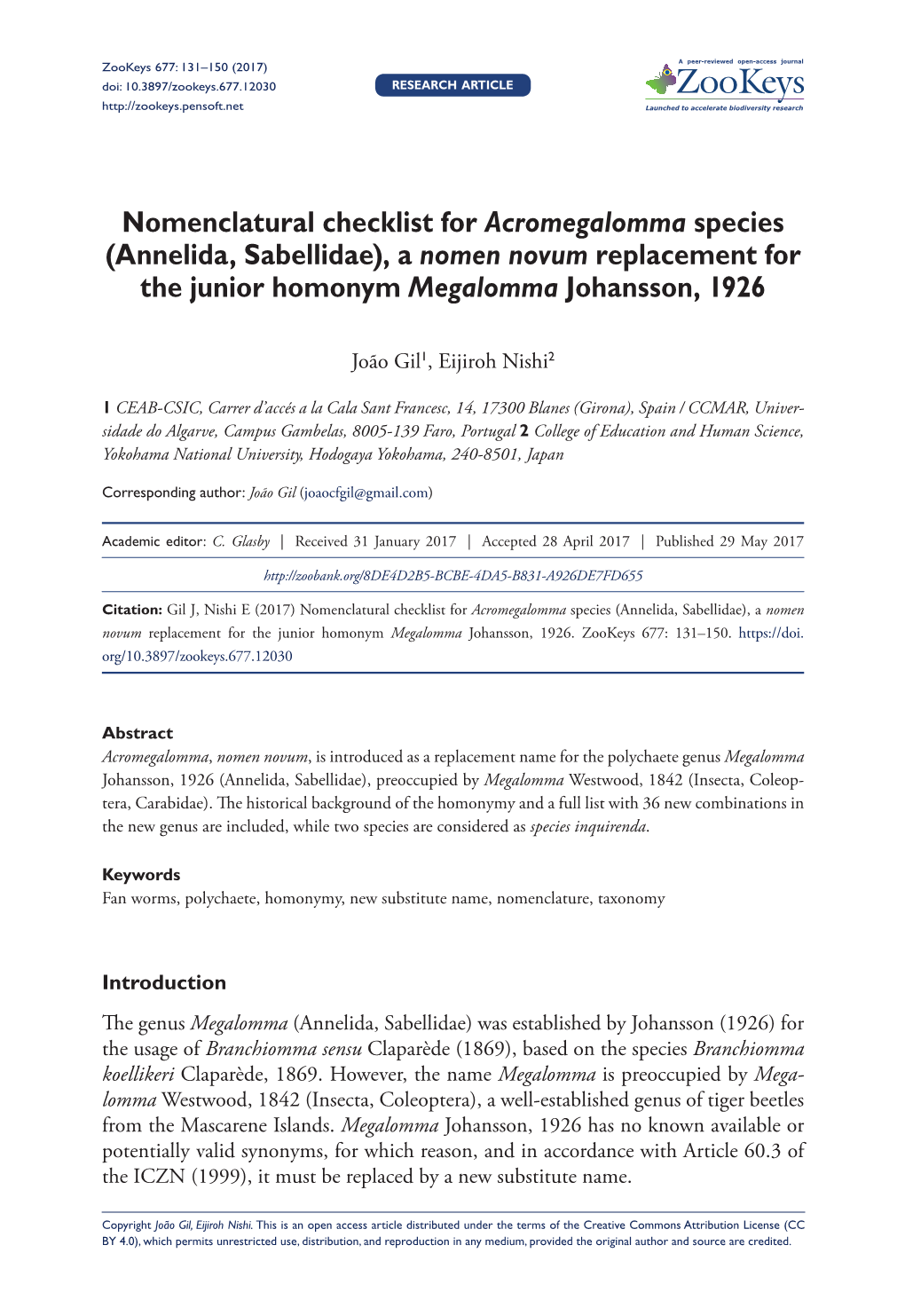 Nomenclatural Checklist for Acromegalomma Species (Annelida, Sabellidae), a Nomen Novum Replacement for the Junior Homonym Megalomma Johansson, 1926