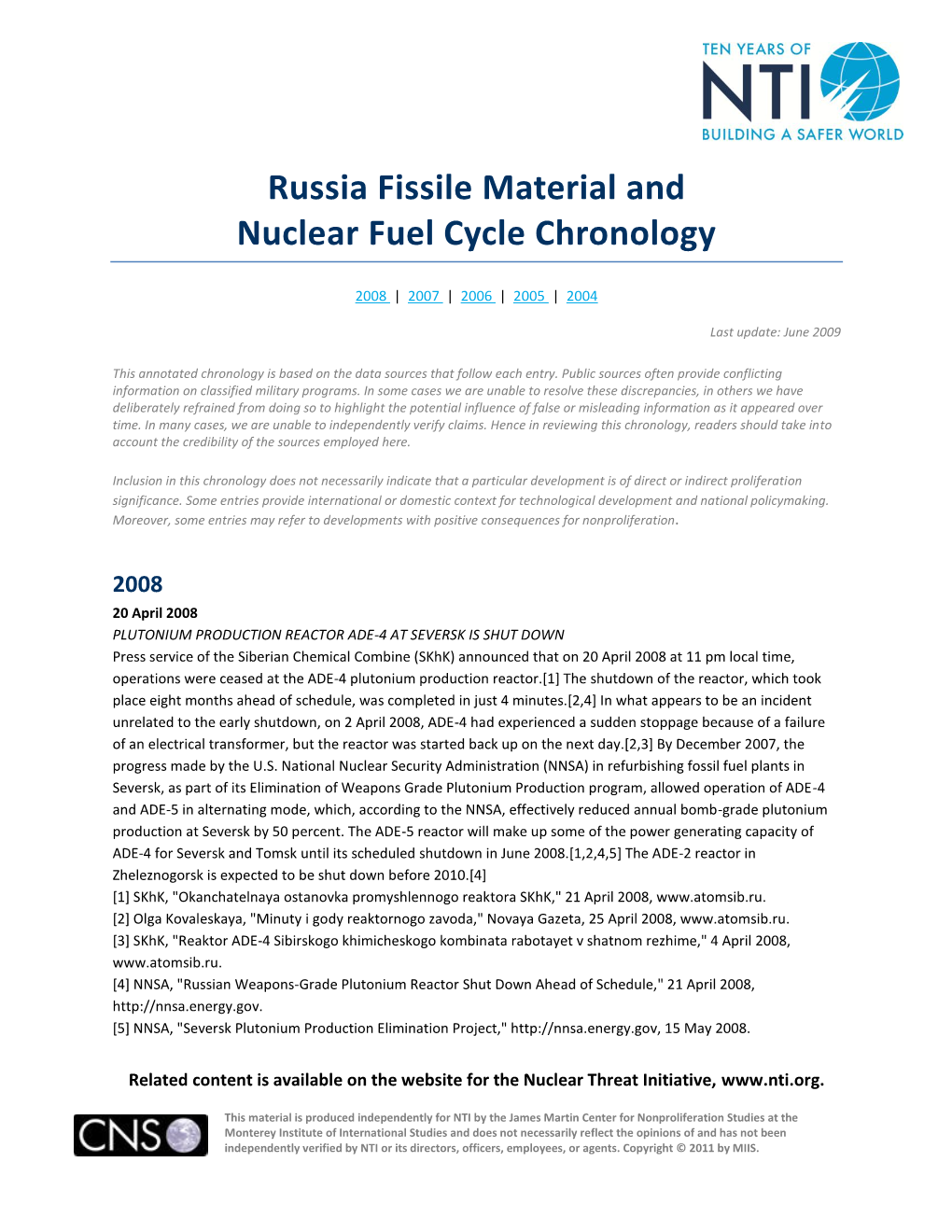 Russia Fissile Material and Nuclear Fuel Cycle Chronology