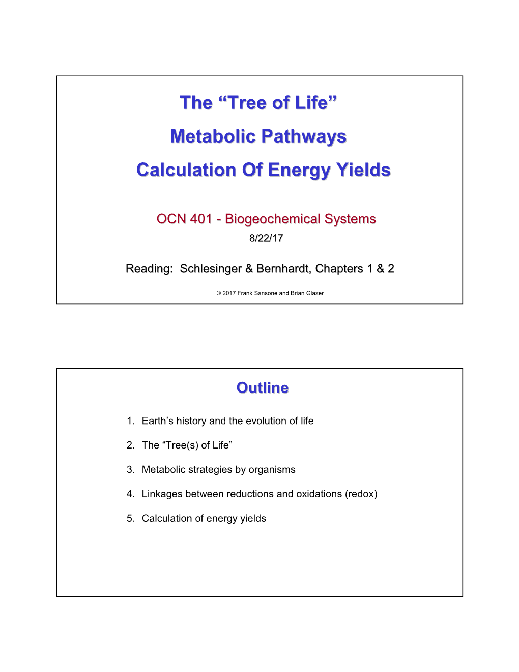 The “Tree of Life” Metabolic Pathways Calculation of Energy Yields