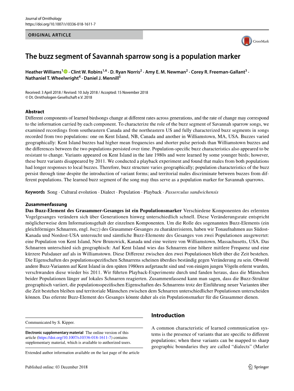 The Buzz Segment of Savannah Sparrow Song Is a Population Marker