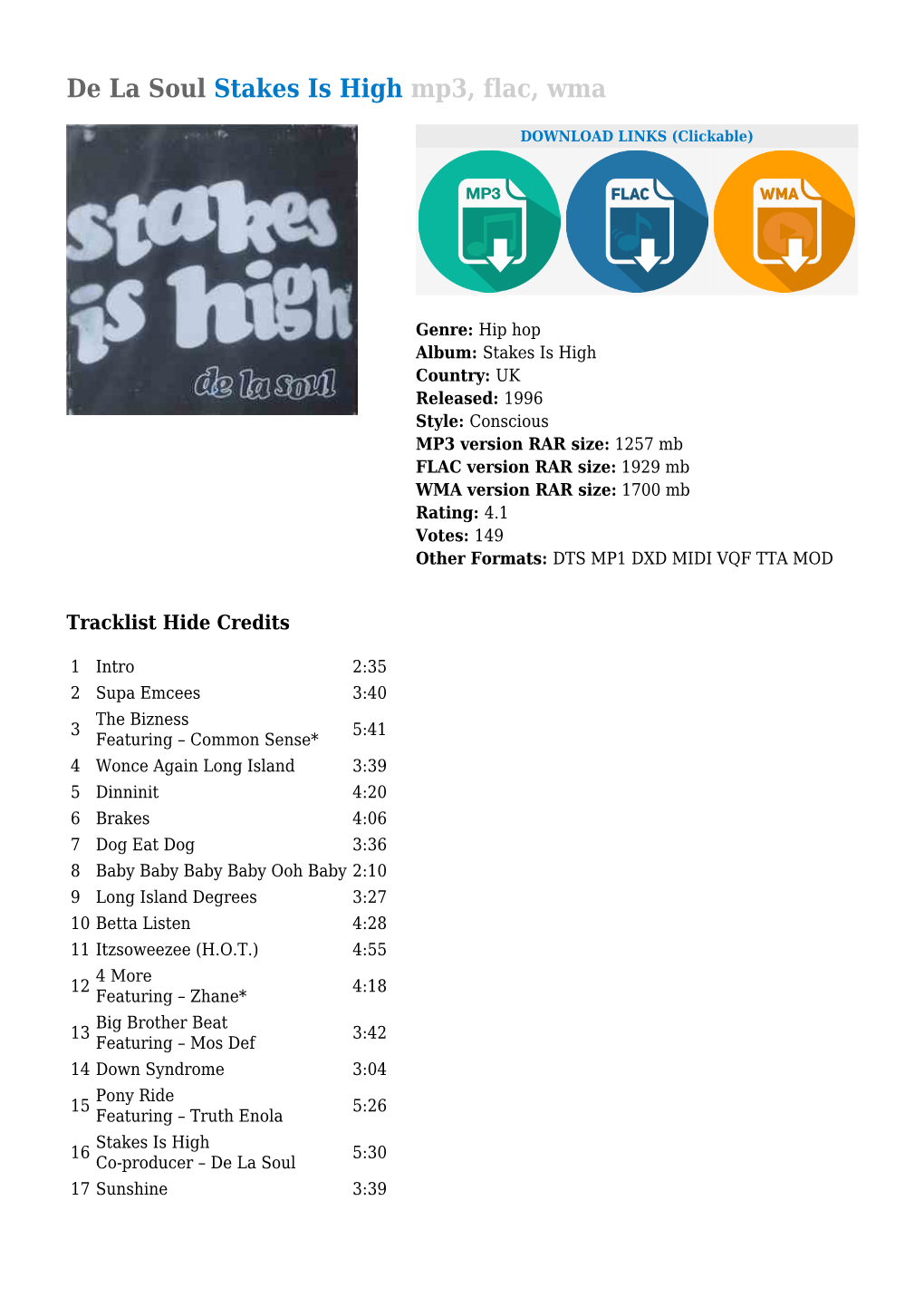 De La Soul Stakes Is High Mp3, Flac, Wma