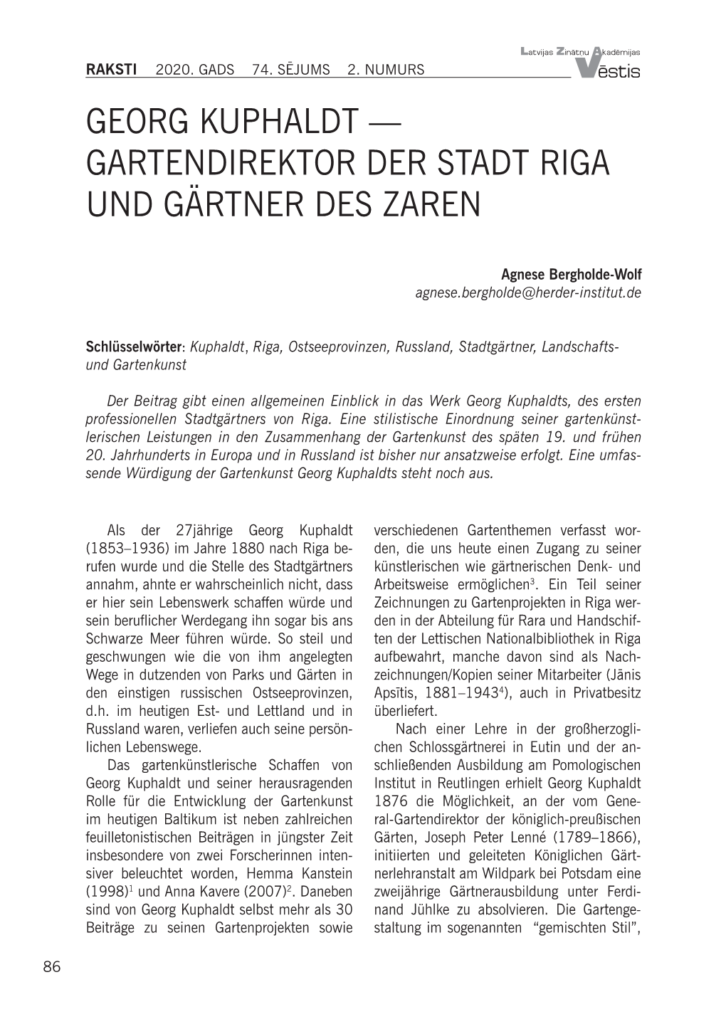 Georg Kuphaldt — Gartendirektor Der Stadt Riga Und Gärtner Des Zaren