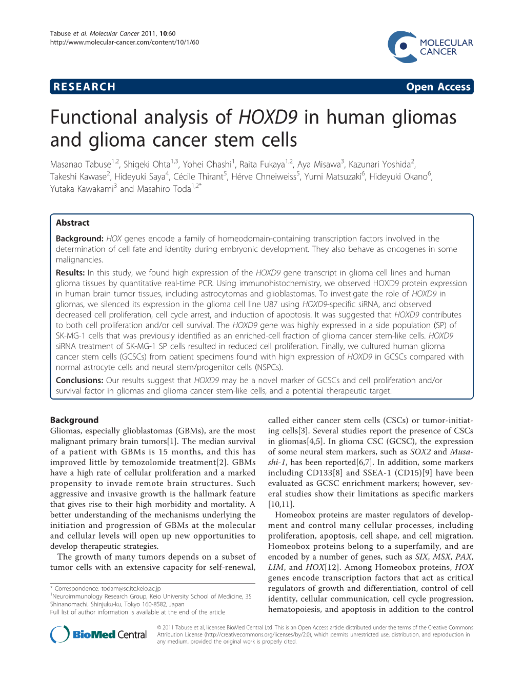 Functional Analysis of HOXD9 in Human Gliomas and Glioma Cancer Stem Cells
