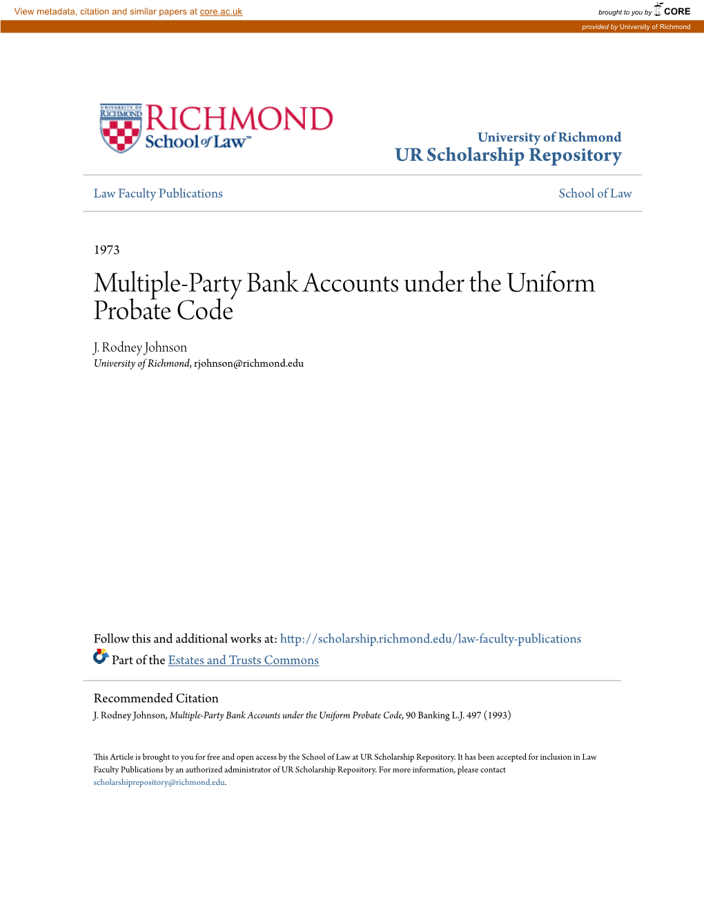 Multiple-Party Bank Accounts Under the Uniform Probate Code J