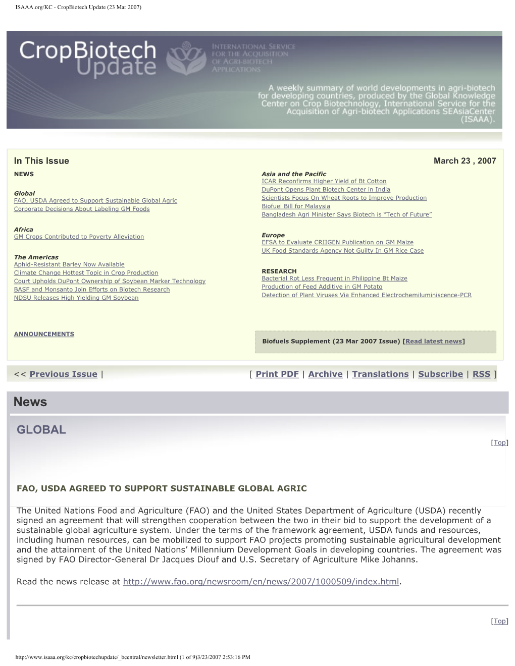 ISAAA.Org/KC - Cropbiotech Update (23 Mar 2007)