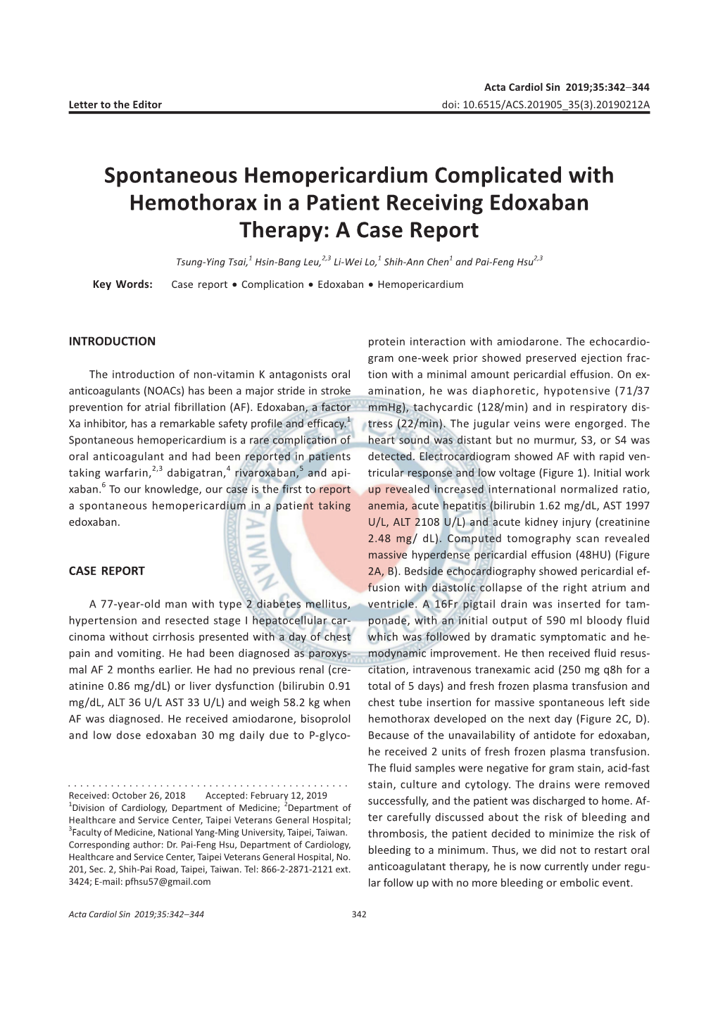 Spontaneous Hemopericardium Complicated with Hemothorax in a Patient Receiving Edoxaban Therapy: a Case Report