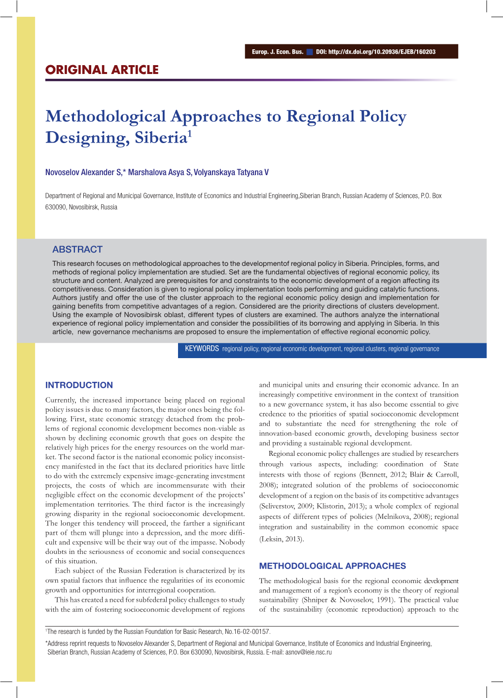 Methodological Approaches to Regional Policy Designing, Siberia1