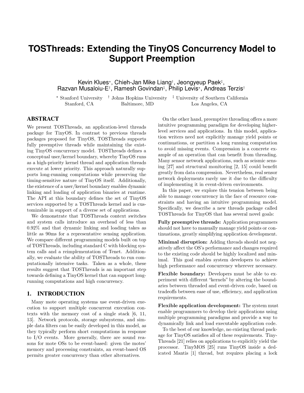 Tosthreads: Extending the Tinyos Concurrency Model to Support Preemption