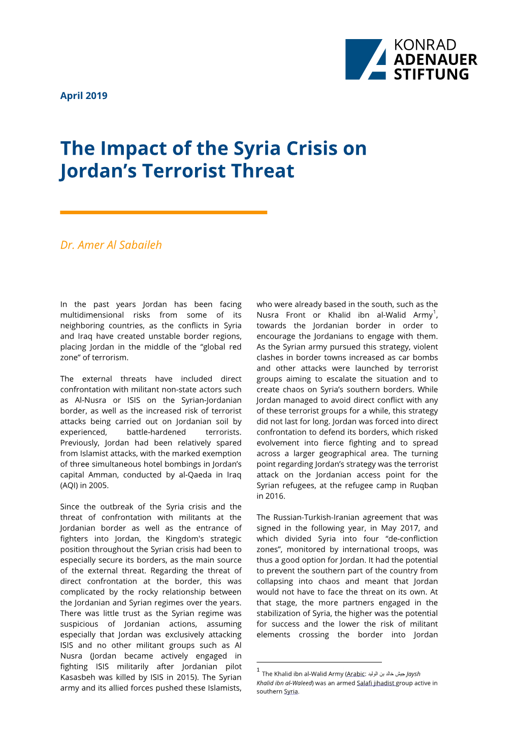 The Impact of the Syria Crisis on Jordan's Terrorist Threat