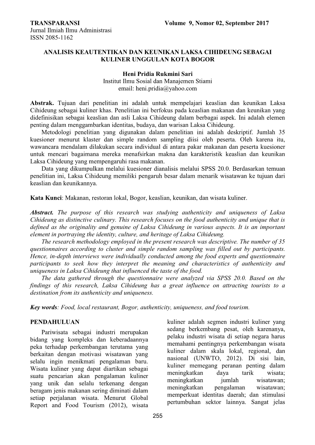 TRANSPARANSI Volume 9, Nomor 02, September 2017 Jurnal Ilmiah Ilmu Administrasi ISSN 2085-1162