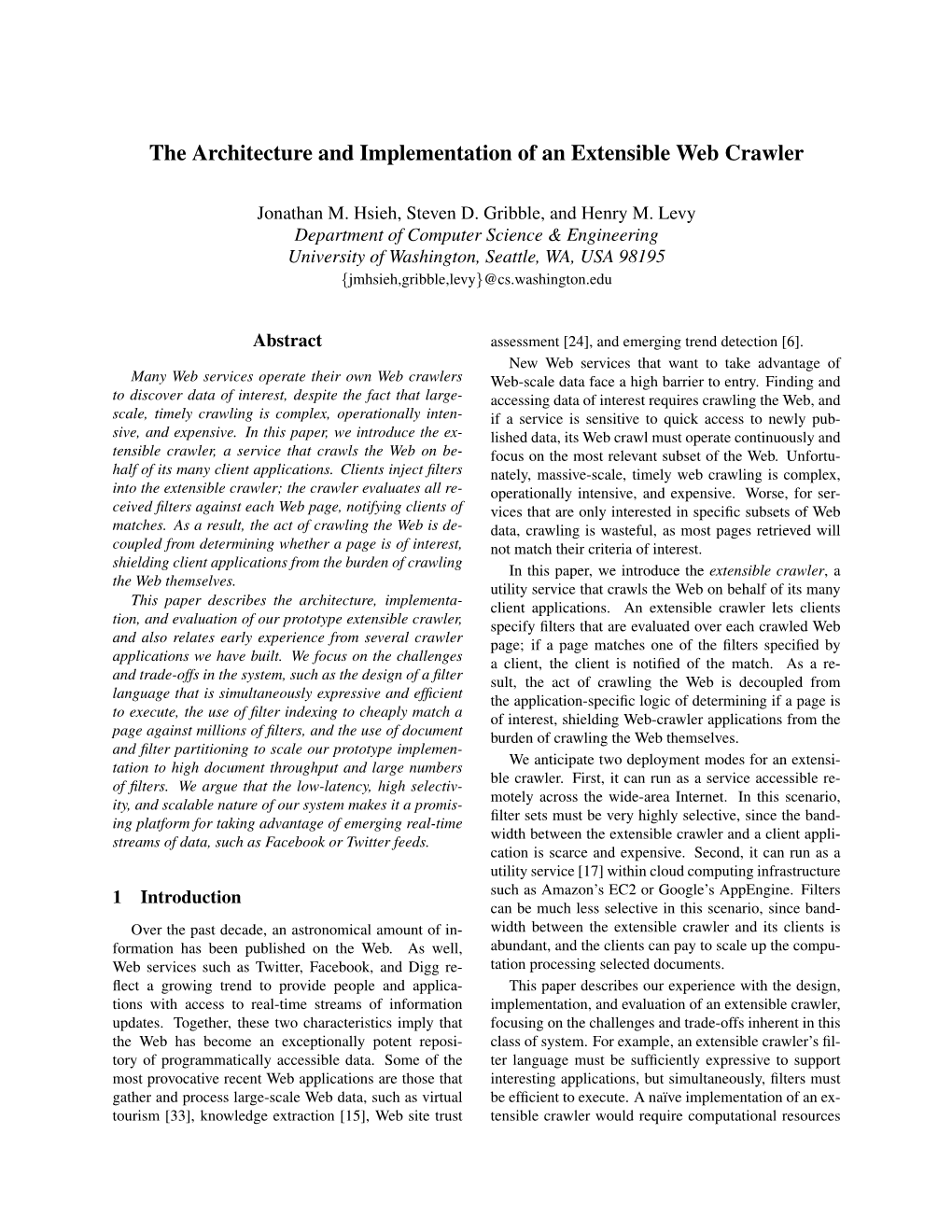 The Architecture and Implementation of an Extensible Web Crawler