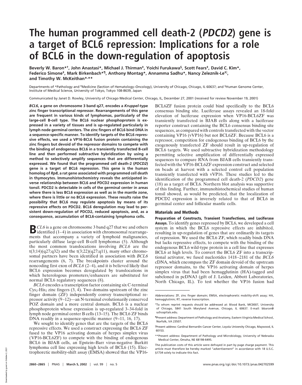 (PDCD2) Gene Is a Target of BCL6 Repression: Implications for a Role of BCL6 in the Down-Regulation of Apoptosis