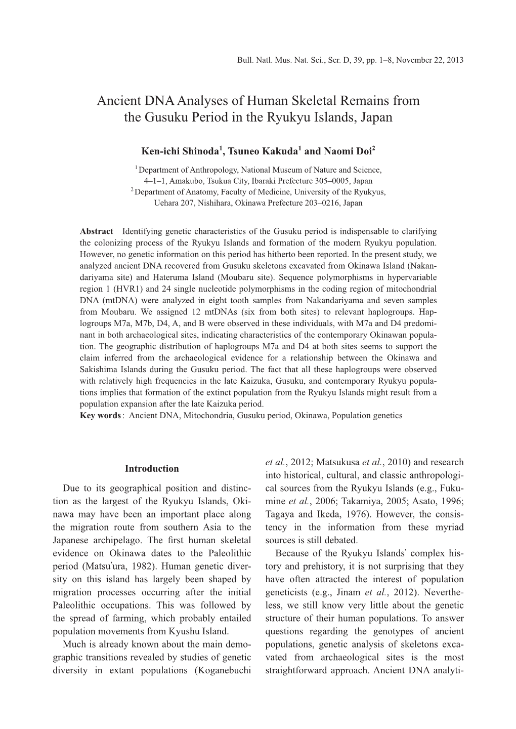 Ancient DNA Analyses of Human Skeletal Remains from the Gusuku Period in the Ryukyu Islands, Japan