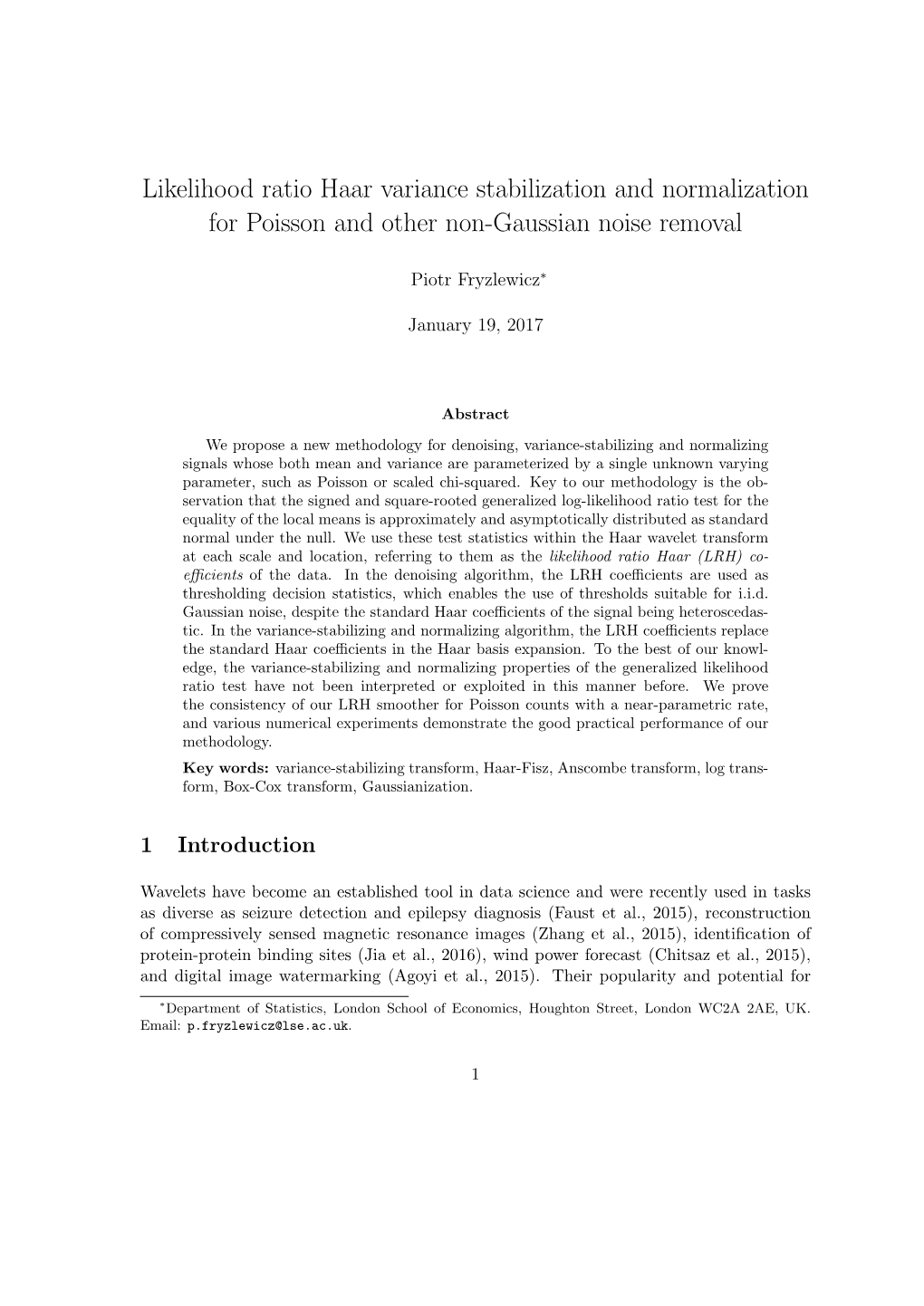 Likelihood Ratio Haar Variance Stabilization and Normalization for Poisson and Other Non-Gaussian Noise Removal