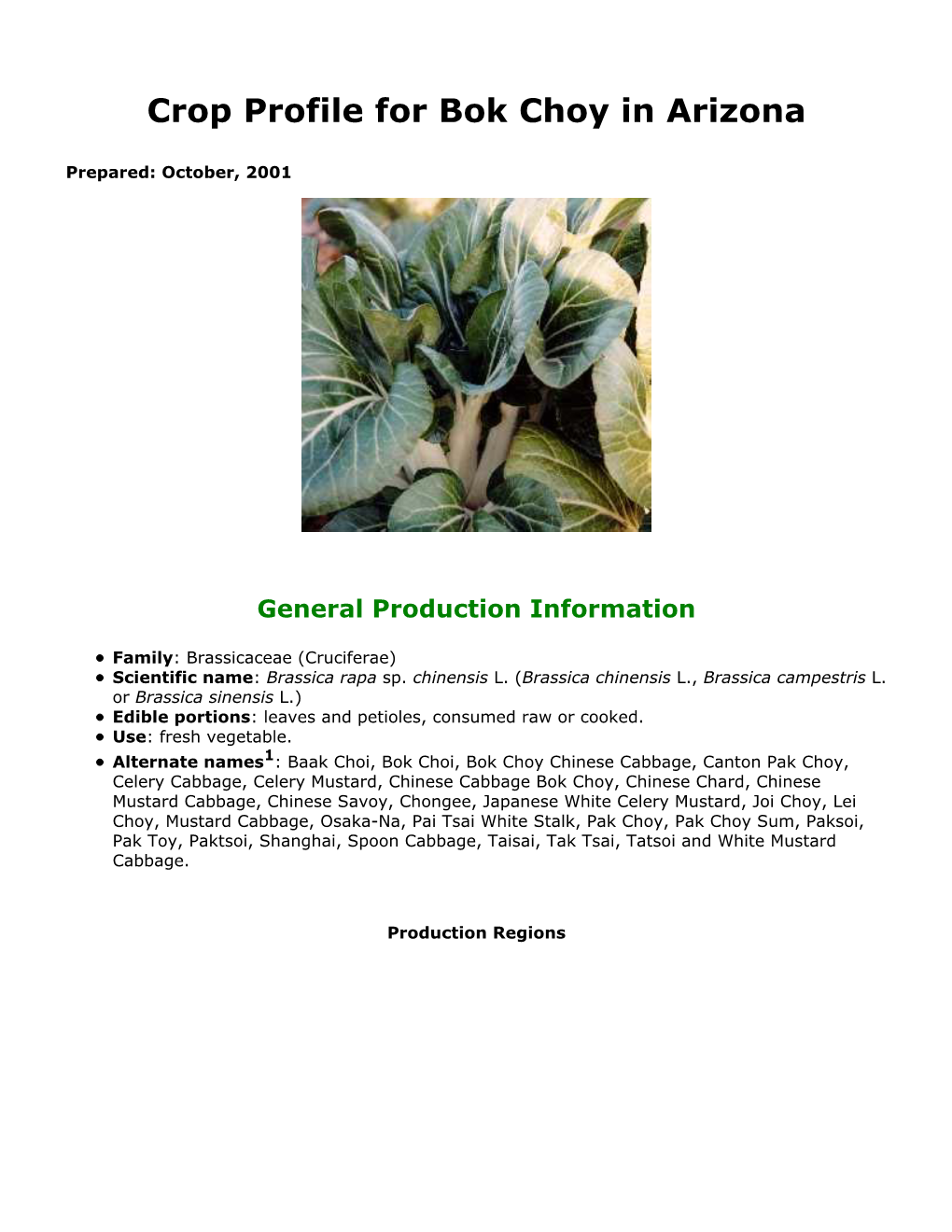 Crop Profile for Bok Choy in Arizona