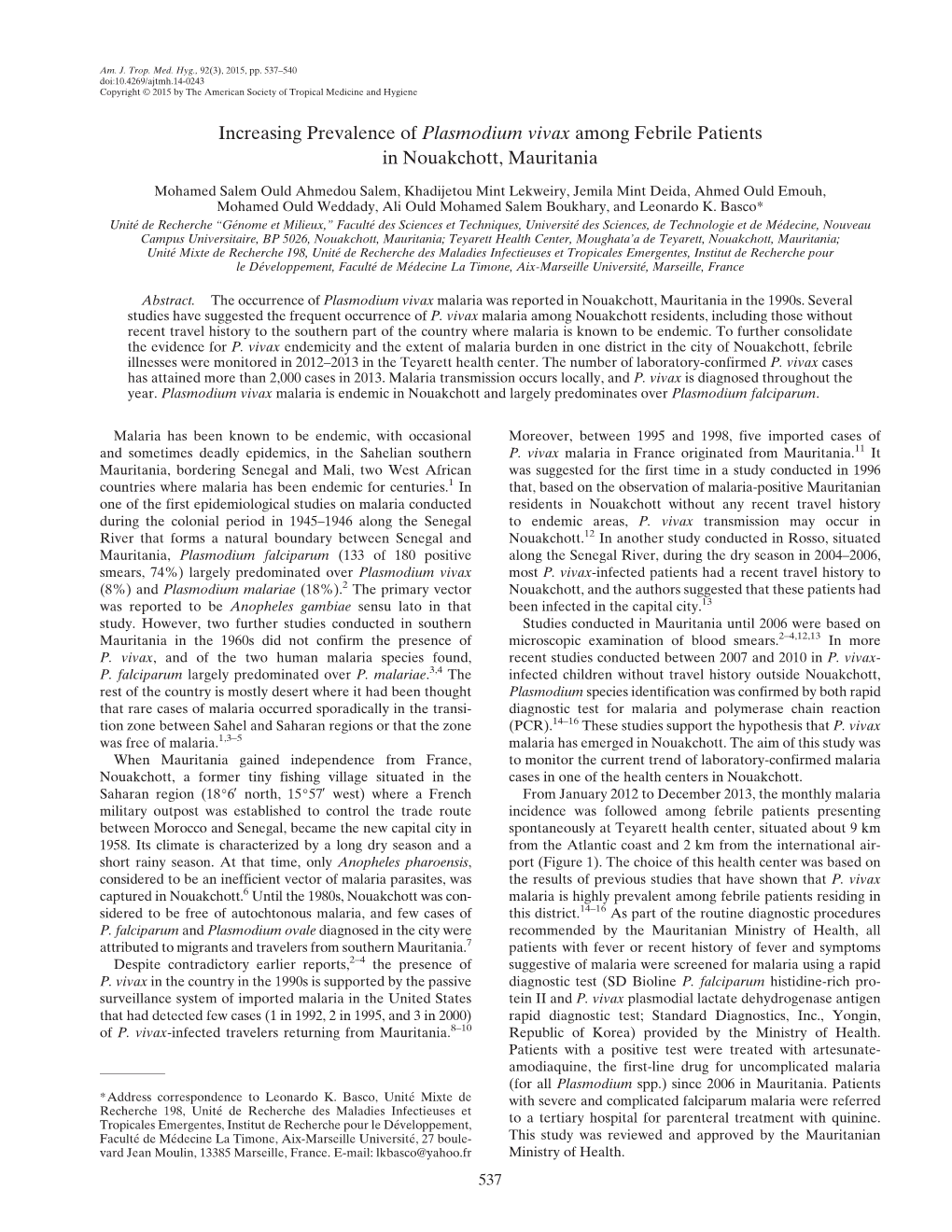 Increasing Prevalence of Plasmodium Vivax Among Febrile Patients in Nouakchott, Mauritania