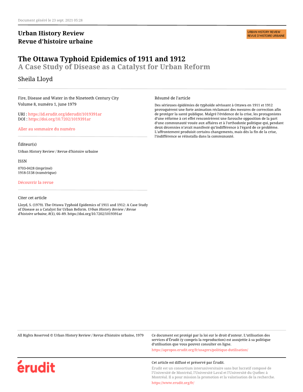 The Ottawa Typhoid Epidemics of 1911 and 1912 a Case Study of Disease As a Catalyst for Urban Reform Sheila Lloyd