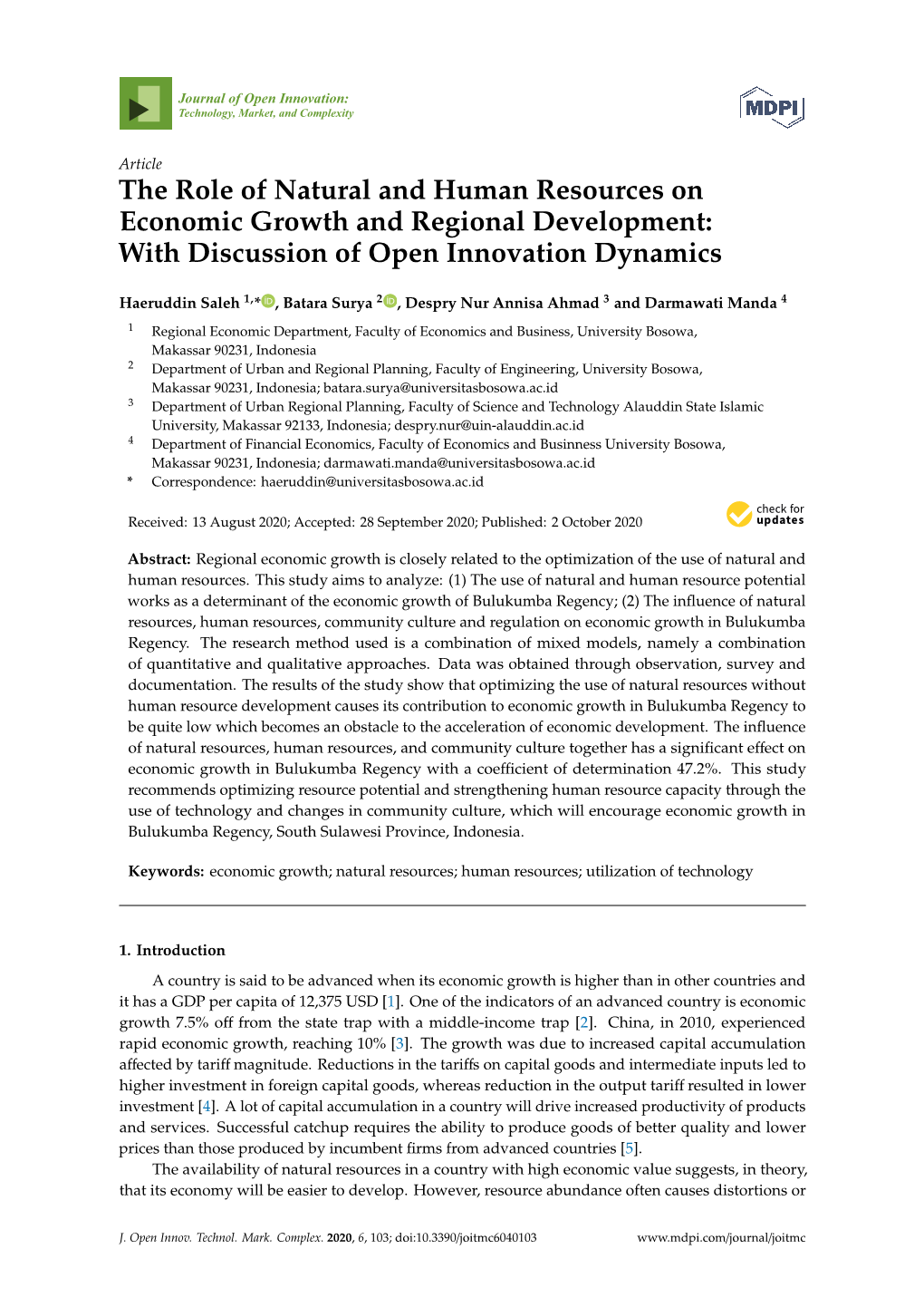 The Role of Natural and Human Resources on Economic Growth and Regional Development: with Discussion of Open Innovation Dynamics