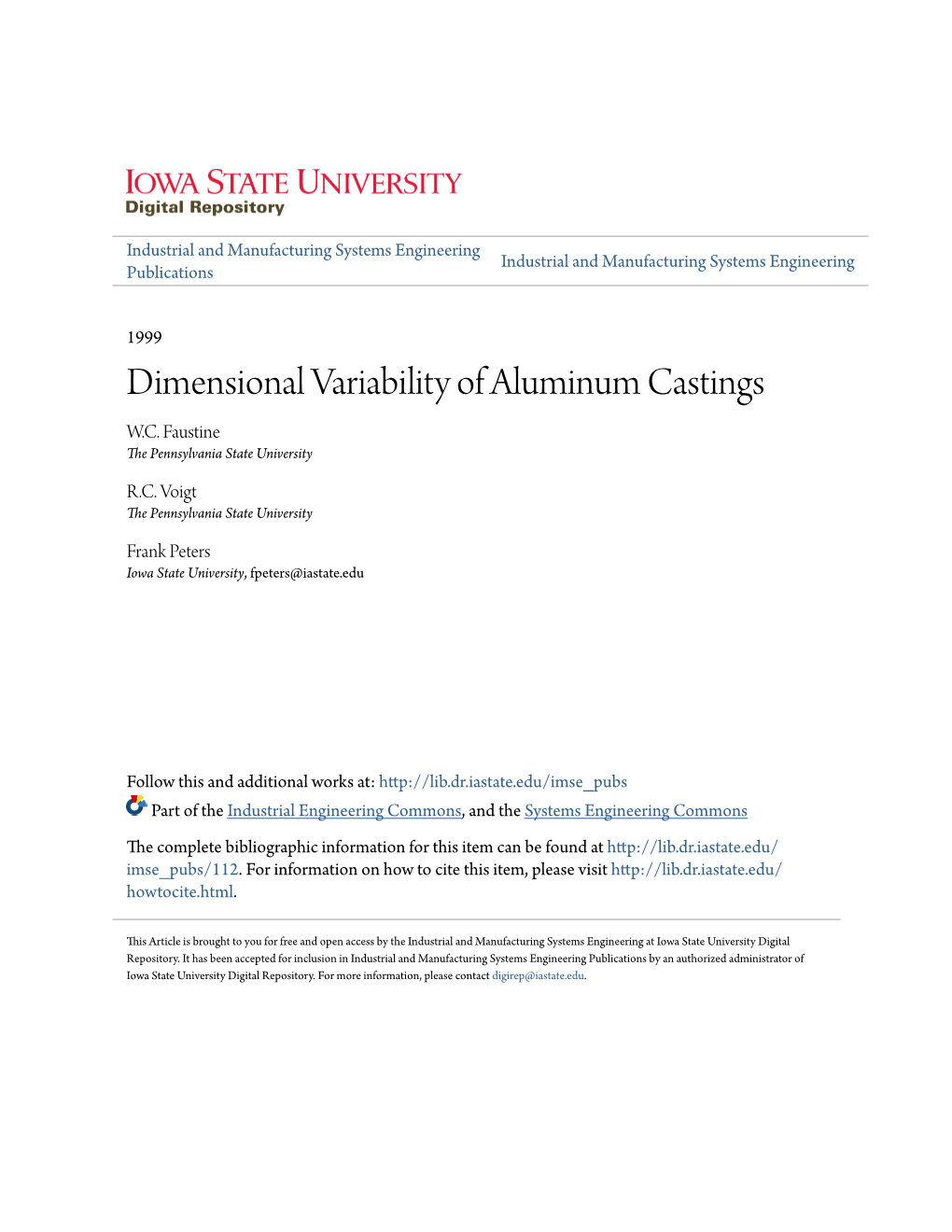 Dimensional Variability of Aluminum Castings W.C