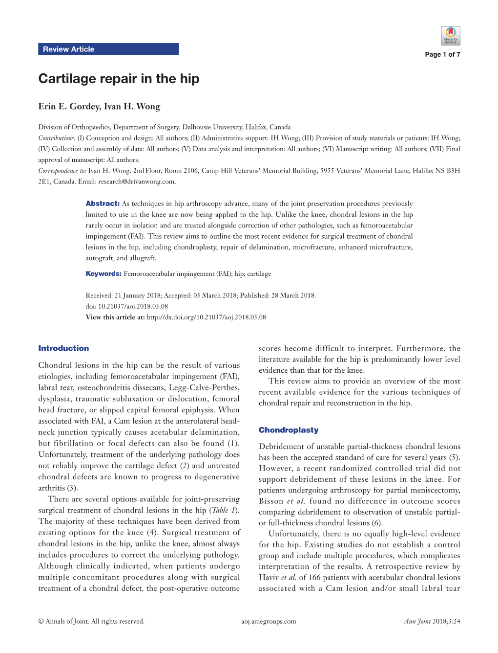 Cartilage Repair in the Hip