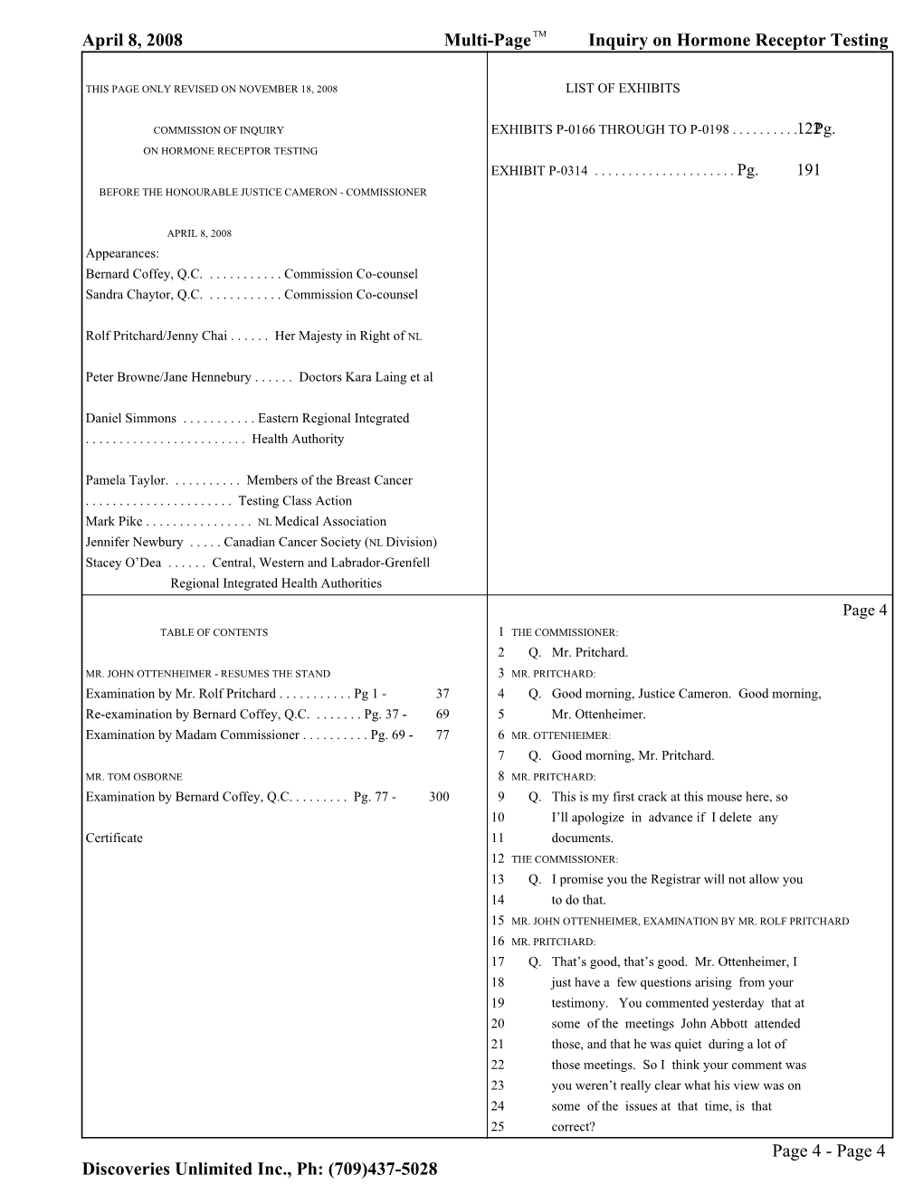 Page 4 TABLE of CONTENTS 1 the COMMISSIONER: 2 Q