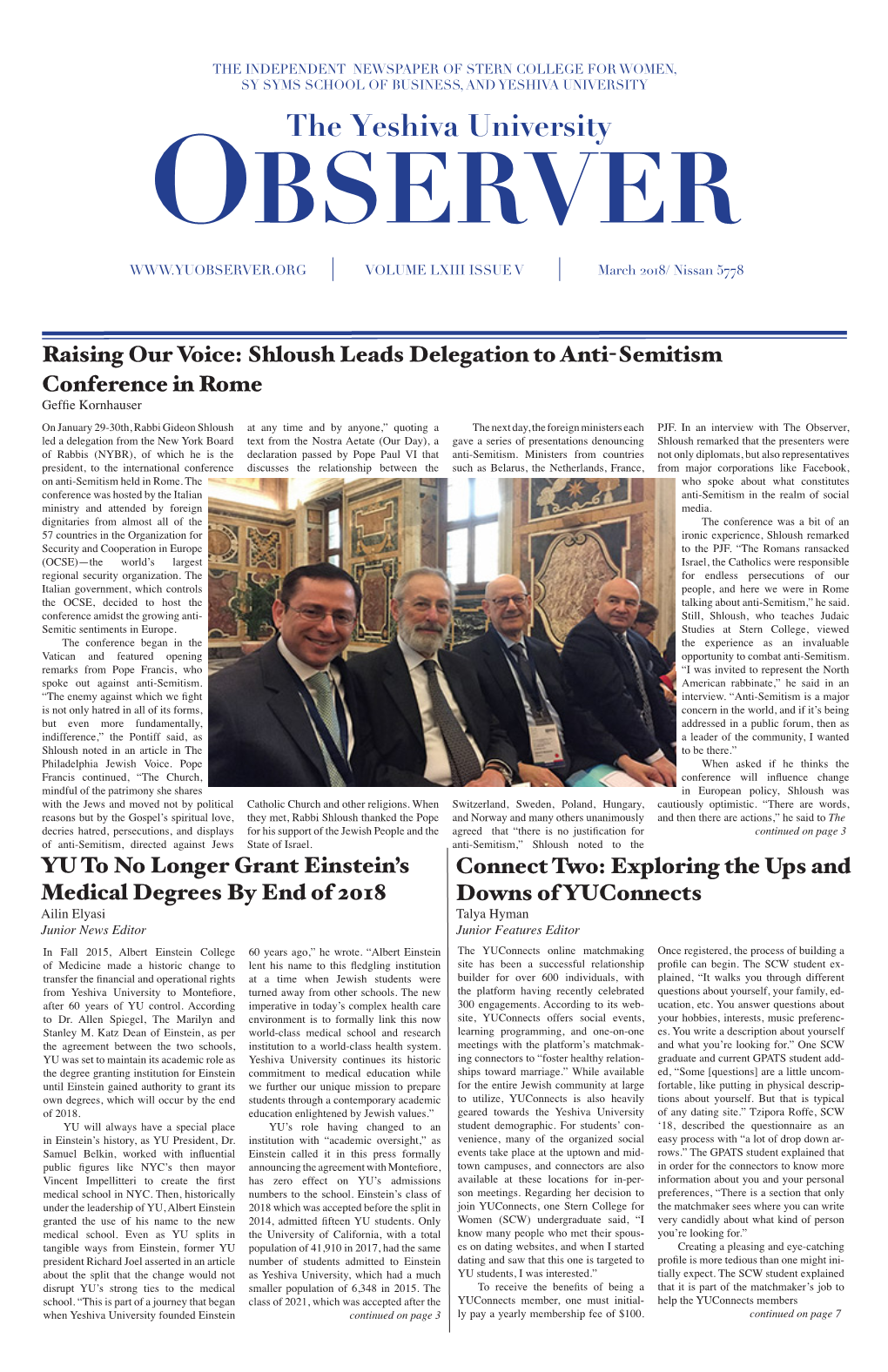 The Yeshiva University OBSERVER VOLUME LXIII ISSUE V March 2018/ Nissan 5778