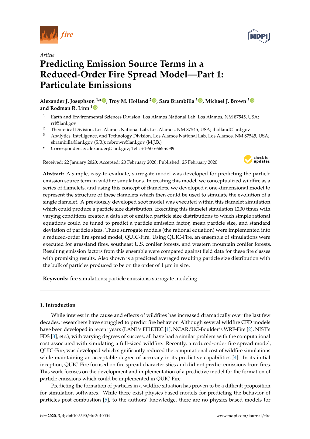 Predicting Emission Source Terms in a Reduced-Order Fire Spread Model—Part 1: Particulate Emissions