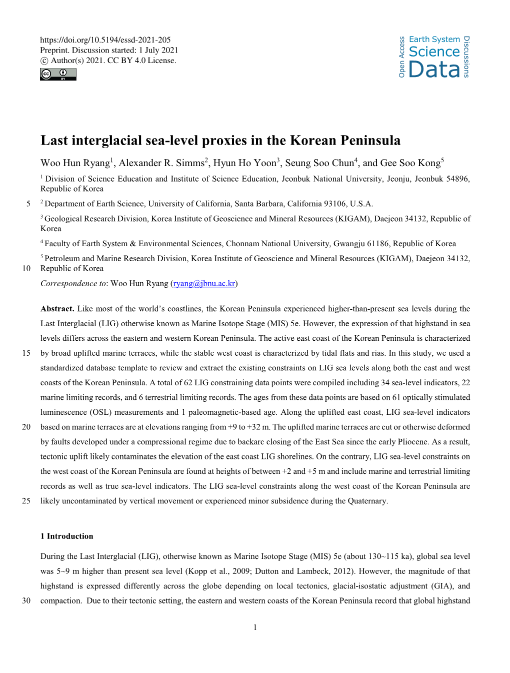 Last Interglacial Sea-Level Proxies in the Korean Peninsula Woo Hun Ryang1, Alexander R