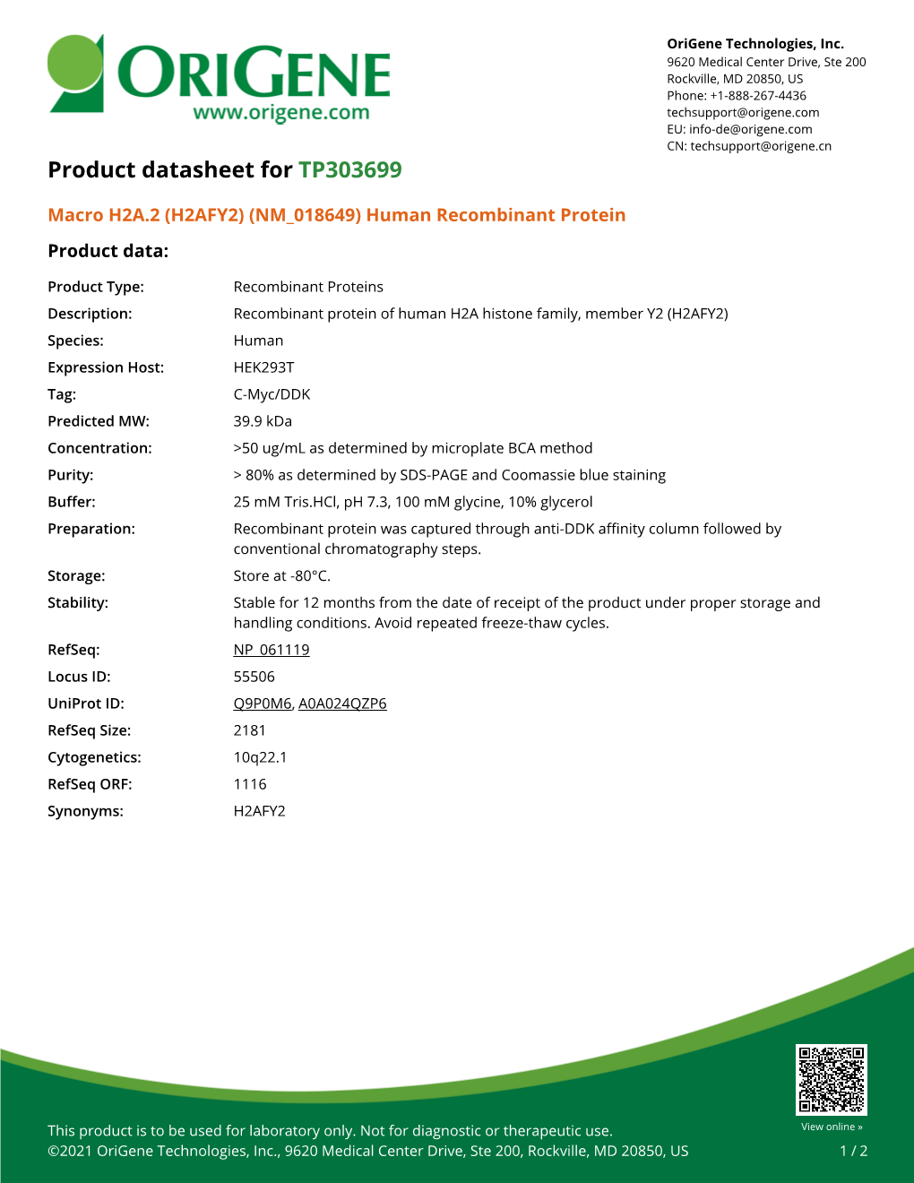 Macro H2A.2 (H2AFY2) (NM 018649) Human Recombinant Protein Product Data