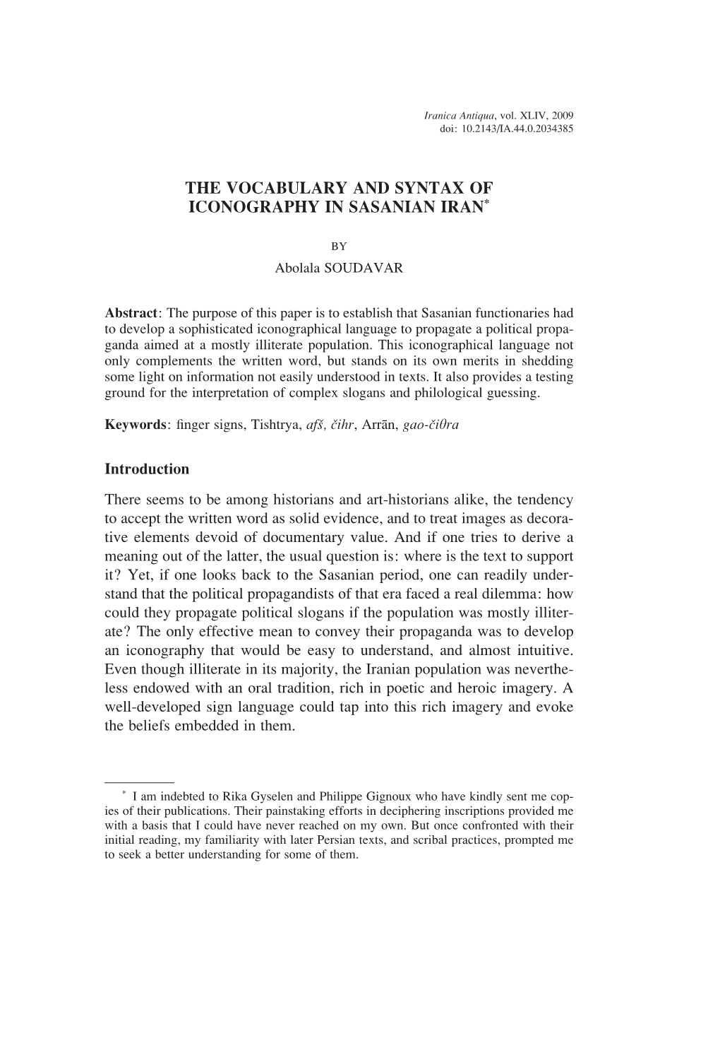 The Vocabulary and Syntax of Iconography in Sasanian Iran*