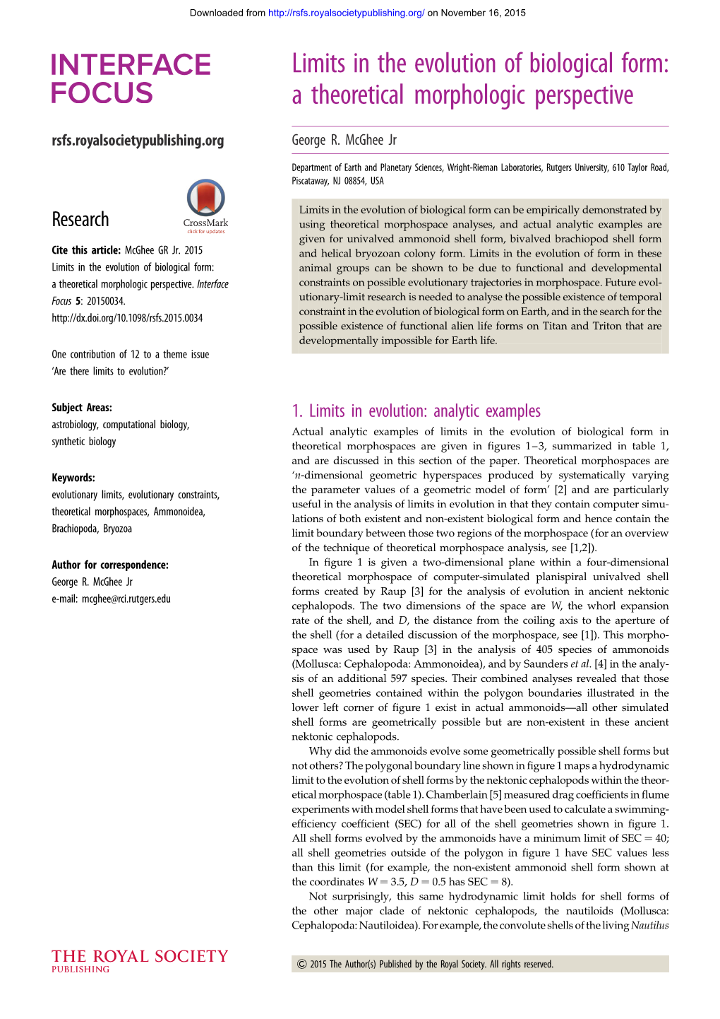 Limits in the Evolution of Biological Form: a Theoretical Morphologic Perspective Rsfs.Royalsocietypublishing.Org George R