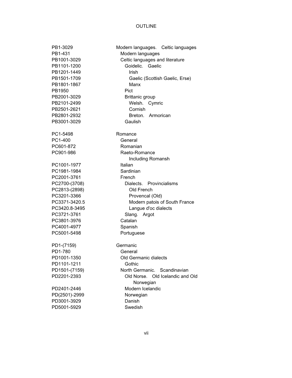 OUTLINE Vii PB1-3029 Modern Languages. Celtic Languages PB1