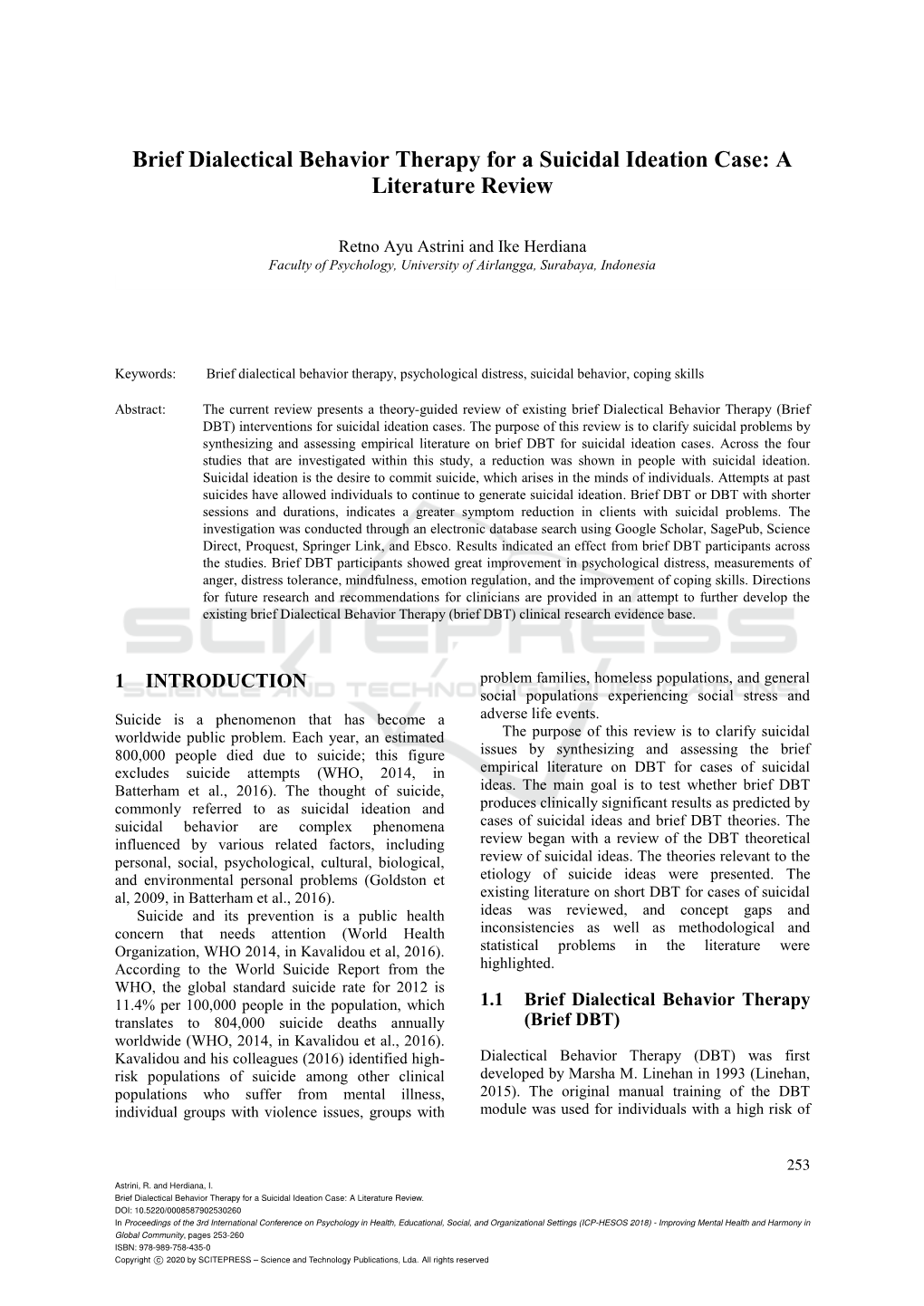 Brief Dialectical Behavior Therapy for a Suicidal Ideation Case: a Literature Review