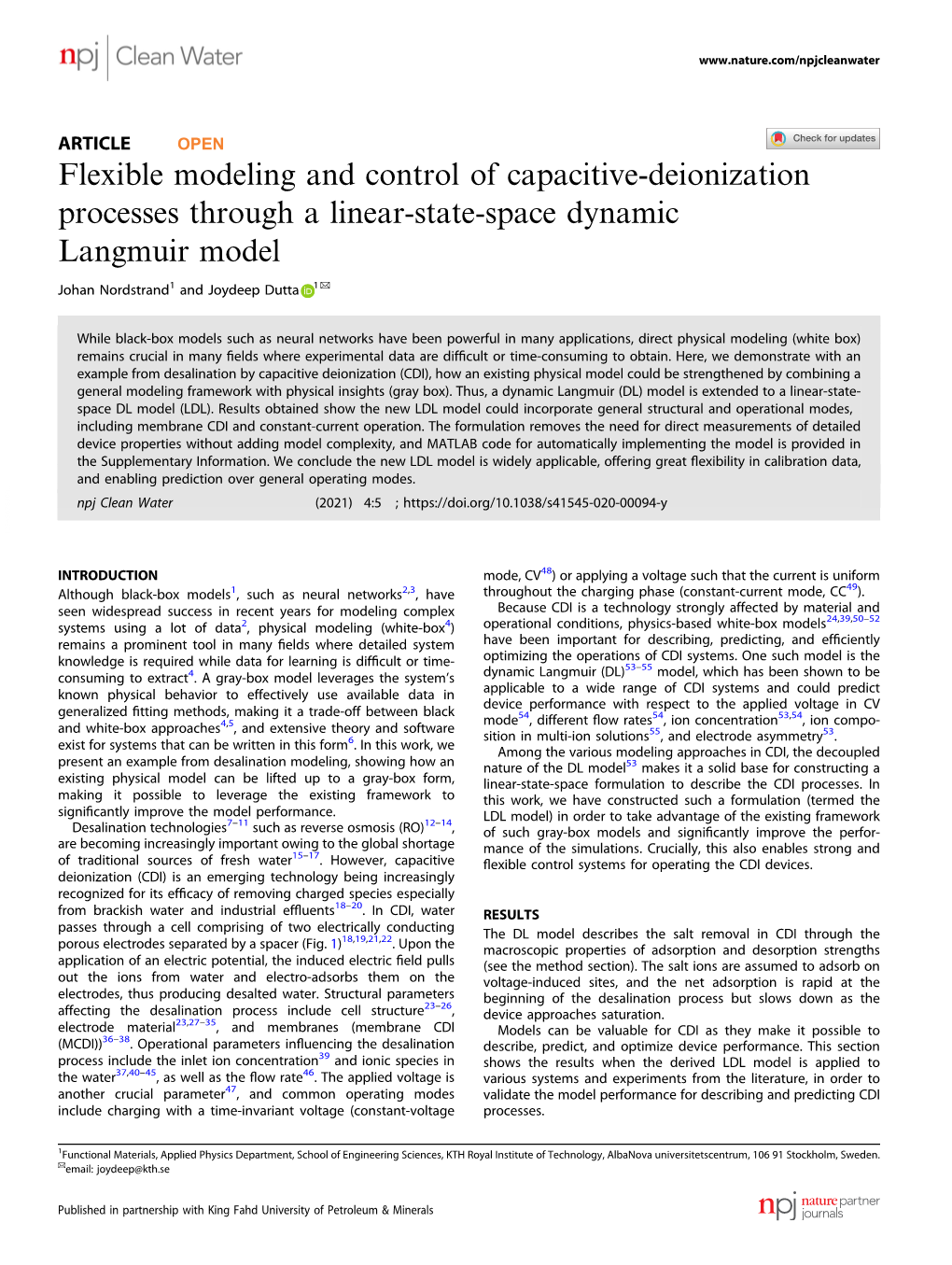 Flexible Modeling and Control of Capacitive-Deionization Processes Through a Linear-State-Space Dynamic Langmuir Model ✉ Johan Nordstrand1 and Joydeep Dutta 1