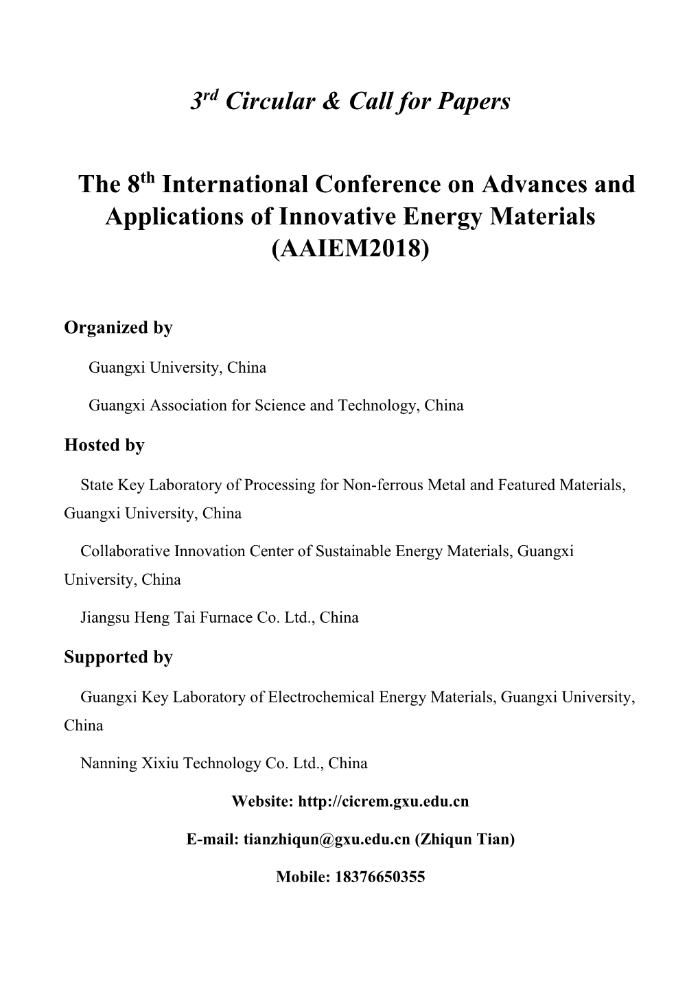 3Rd Circular & Call for Papers the 8 International Conference On