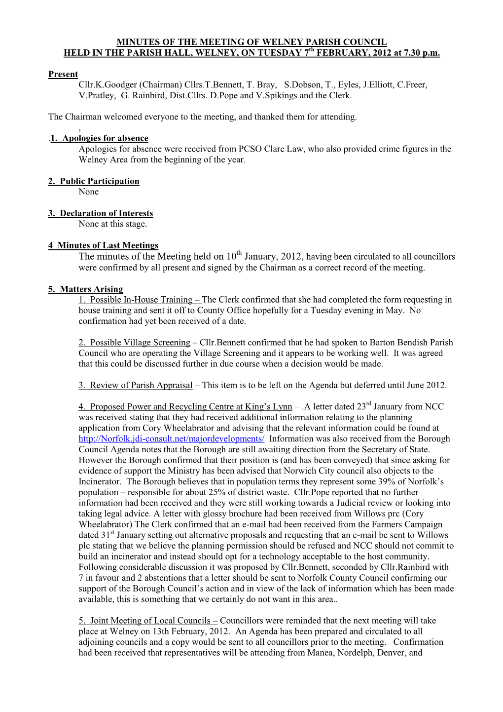 Minutes of the Meeting of the Welney Parish Council