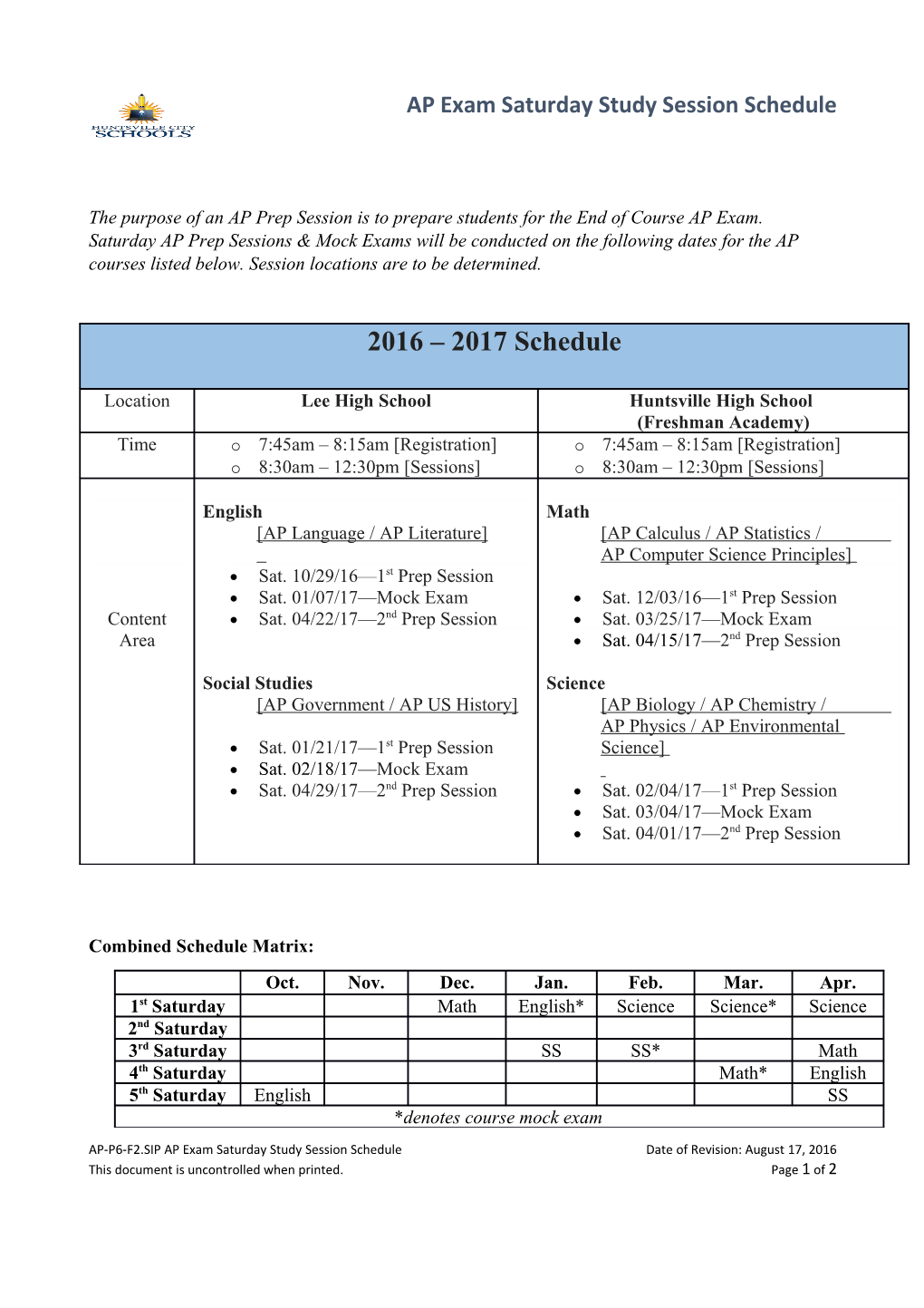 AP Exam Saturday Study Session Schedule